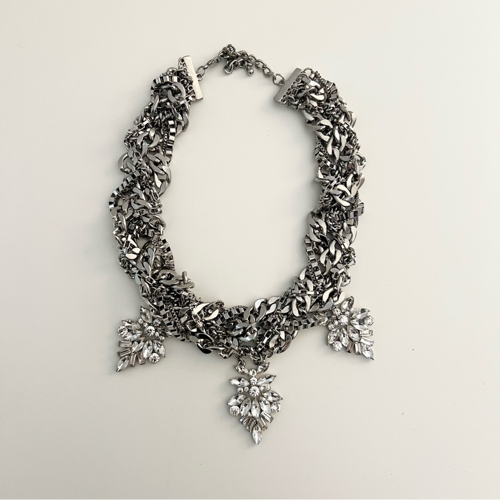 Silver rhinestone statement chain collar necklace